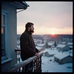 lomographic tarkovsky film still of 4 0 years russian man with beard and sweater standing on small hrushevka 9 th floor balcony full with cigarette smoke in winter taiga looking at sunset, cinestill, bokeh
