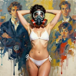 portrait of cosplay model girl, honkai impact styled mask respirator on mouth, hands up behind head, in white bikini, tattoos, by ashley wood, yoji shinkawa, jamie hewlett, 6 0's french movie poster, french impressionism, paint drips, dry brush background colors, palette knife and big brush strokes, asymmetrical, concept art