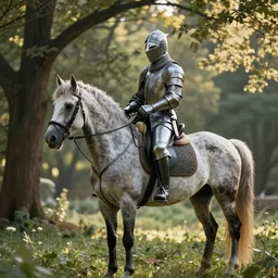 a knight on a horse with dappled light coming through the trees
