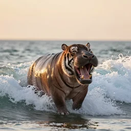 a closeup photorealistic photograph of a happy tiger hippopotamus surfing a large wave during sunset. surf in the background. professional capture. brightly lit scene. this 4 k hd image is trending on artstation, featured on behance, well - rendered, extra crisp, features intricate detail, epic composition and the style of unreal engine.