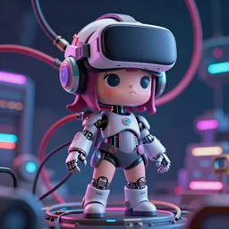 Full body shot of a Cute cyborg girl with VR helmet , surrounded by cables , illustrated by Greg Rutkowski and Moebius, 35mm lens, beautiful macro close-up imagery, vibrantly lush neon lighting, beautiful volumetric-lighting-style atmosphere, a dark future atmosphere, intricate, ultra detailed, photorealistic imagery, trending on artstation, 4k, 8k