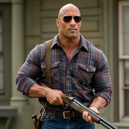 film still of Dwayne Johnson as Nada wearing a flannel shirt and sunglasses and holding a shotgun with a bandolier in Bank scene in They Live 1988