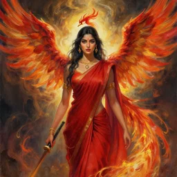 half - human half - phoenix pyromancer in a red saree. gouache by award - winning concept artist, backlighting, chiaroscuro, intricate details