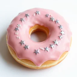 shiny dripping glazed pastel pink donut with silver iridescent star star sprinkles