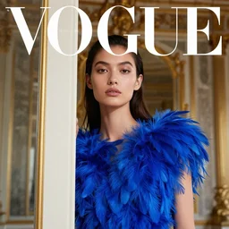 close up of face of a fashion model in a blue dress made of feathers standing in a doorway, neoclassicism, hall of mirrors, elegant, official vogue editorial, highly detailed