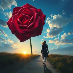 portrait, giant rose flower head, girl walking in a suit, surreal photography, sunrise, blue sky, dramatic light, impressionist painting, digital painting, artstation, simon stalenhag
