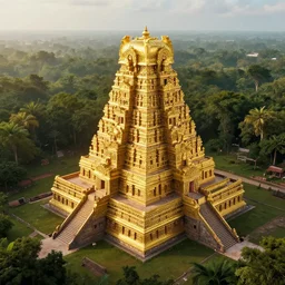 an ancient mayan temple made of gold in serene environment, art deco, forest, distant, high angle, wide angle, global illumination, trending on artstation, octane render, cgsociety, surrealist, cinematic