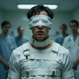 realistic portrait of a crazy person in a straightjacket and blindfolded, cinematic movie scene, hospital background, horror, high detailed, smooth draw, intricate, realistic proportions, dramatic lighting, trending on artstation, wlop, rossdraws, james jean, andrei riabovitchev, marc simonetti, and sakimichan, trending on artstation