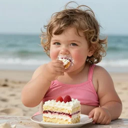 portrait of 2 0 years old plump miley cyrus in swimsuit eating cake on a beach, intricate, hyperdetailed, photorealistic, diffuse lighting, hdrp, artstation, unreal 5, smooth, textless, sharp focus, art by john collier, albert aublet, krenz cushart, artem demura, alphonse mucha