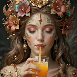 an extremely psychedelic wideshot of an woman drinking juice, surreal, lsd, face, detailed, intricate, elegant, lithe, highly detailed, digital painting, artstation, concept art, smooth, sharp focus, illustration