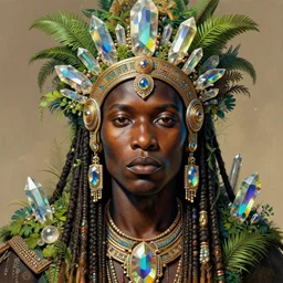 upper half portrait of retro futuristic african tribal chief - embellished with vegetation and iridescent crystals, art by katsuhiro otomo, highly detailed, digital painting, concept art, illustration, smooth sharp focus, intricate, symmetry, artstation, colourful,
