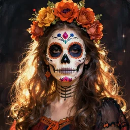 Illustration of a sugar skull day of the dead girl, art by frederic edwin church