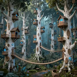 treetop elf village made up of white treehouses and connected by rope bridges. Elaborate fancy wood-carved decorations. Magical blue light. Ground level view looking at the canopy. Mystical fantasy atmosphere. Style of Lothlórien from the Lord of the Rings movies. Detailed matte painting trending in artstation