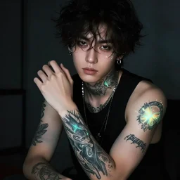a beautiful young man has glowing ink tattoos. beautiful. dark room