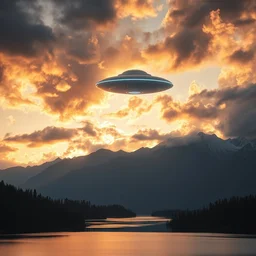 landscape photography by marc adamus, space ship, ufo, lake, sunrise, dramatic lighting, mountains, clouds, beautiful