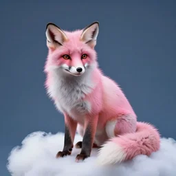 a photorealistic pink fox sitting on a cloud
