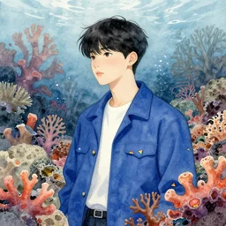 harmony blue jacket, tiny rainbow triangles, black haired yoongi, under water, colorful coral, watercolor by wlop, james jean, victo ngai, muted colors, highly detailed, fantasy art by craig mullins, thomas kinkade