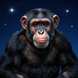 portrait of chimpanzee in space, stars in the background, dark blue background