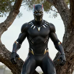 Black Panther in a tree looking directly at you, octane render, concept art, smooth, sharp focus, illustration, sigma, rule of thirds, from Marvel Studios, by Peter Mohrbacher