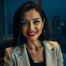 a portrait photograph of a smug woman executive with vampire fangs in a board room, black hair, dof, sharp focus, slight smile, pale, highly detailed face, symmetric face, dark night skyline outside window in background, 4 k, cinestill 8 0 0 t, exif, raw, photography by andreas franke