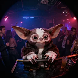 Gremlins movie, the gremlins are on mdma in the club, trending on Artstation, 8K, ultra wide angle, pincushion lens effect