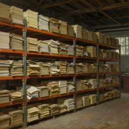 a romanticism painting of a warehouse with huge shelves in which stacks of paper are stored, romanticism, oil painting