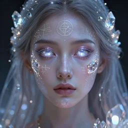 robed female astral projecting, faceted crystal eyes, highly detailed face, airbrush, magick, technology, sigils, royo, led lights, glowing orbs, crystal shimmers,