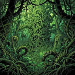 EXTREMELY DETAILED TWISTED DENSE vegetation stunning jungle beautifully-rendered verdant green ENT NYMPH twisting winding knotted tangled vines and trees by moebius by James Jean, by Mike Mignola comic graphic novel style action illustration COMPLICATED INTRICATE BUSY, gritty textured, trending on artstation