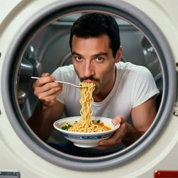 Photo of Freddie Mercury eating ramen inside a washing machine, highly-detailed 4K award-winning