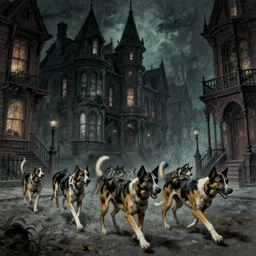 a pack of wild dogs roaming the streets of a haunted, victorian, gothic horror city at night, lovecraftian terror, vintage dark art