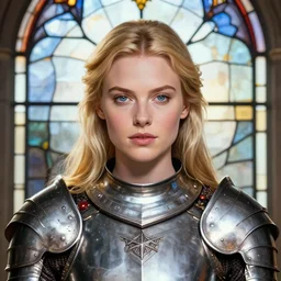 masterpiece head-on symmetrical centered painted portrait, Imogen Poots as a paladin, blonde hair, glorious, wearing full metal armour, glowing stained glass backdrop, elegant, in the style of Lois van Baarle and Ilya Kuvshinov and Rossdraws and Ruan Jia and Ross Tran and Alphonse Mucha and Ayami Kojima and Charlie Bowater and Karol Bak and Jean Delville, overwatch character, pixar, maya engine on stylized background, splash comics, global illumination lighting