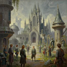 cinematic view of a retro scifi magic school, desaturated, psychedelic, tim hildebrandt, wayne barlowe, bruce pennington, donato giancola, larry elmore, oil on canvas, masterpiece, trending on artstation, featured on pixiv, cinematic composition, dramatic, beautiful lighting, sharp, details, hyper - detailed, hd, hdr, 4 k, 8 k