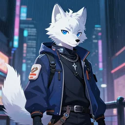 character portrait of a male anthro white wolf fursona with a tail and a cute beautiful attractive furry face wearing stylish cyberpunk clothes in a cyberpunk city at night while it rains. hidari, color page, tankoban, 4K, tone mapping, Akihiko Yoshida.