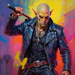 apocalyptic scifi orcish biker character standing in a dynamic pose, psychedelic vibrant colors, punk rock fashion, oil painting by michael whelan art, perfect face, sharp focus, detailed eyes, realistic, leather jacket, 8 k