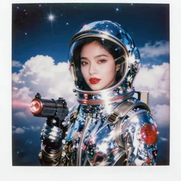 analog polaroid portrait of a beautiful asian woman wearing a chrome space helmet, skinsuit, bright red lipstick, holding a lasergun, Hajime Sorayama, sheen, red reflections, unreal engine, azure sky, big clouds visible, sunlight, reflection, sparkles, space, stars, nebula, lensflare, film grain, depth of field, color bleed