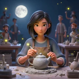 3D artist staring into the camera sculpting a teapot, fireflies, full moon, Lilia Alvarado, Sophie Anderson, Mark Arian, Bob Byerley, Charlie Bowater, Mark Brooks, Steve Henderson, Justin Gerard, Arthur Hughes, Edward Robert Hughes, Mark Keathley, Victor Nizovtsev, Carlos Shwabe, Ross Tran, WLOP
