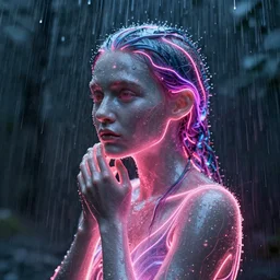 a human made out of rain, glowing neon, rendered in octane, unreal engine, highly detailed, realistic, beautiful, emotional