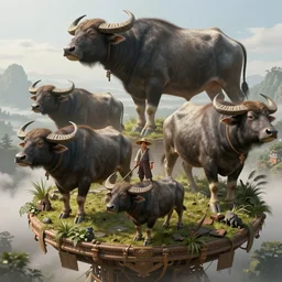 an intricate concept illustration, fantasy, asian farmer on a platform, megafauna, large buffalo biomes, ultra photorealistic, ultra sharp, artstation, cgsociety, masterpiece, octane render, by wylop, 8 k