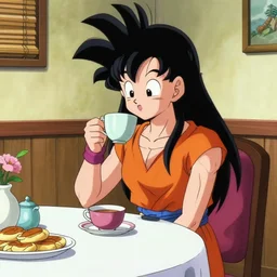 a girl sitting on a dinner having tea, dragon ball style