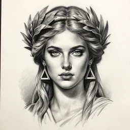 realism tattoo sketch of jessica hart as a beautiful greek goddess aphrodite with piercing eyes wearing a laurel wreath and triangle earrings, in the style of greg rutkowski, amazing detail
