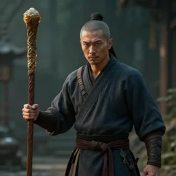 short DND monk man with a staff greased up, hyper realism, dramatic ambient lighting, cinematic, high detail, 8k, octane render, depth of field