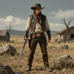 full body character portrait of a gunslinger / knight in the style of wild west art in the style of high fantasy art trending on artstation deviantart pinterest detailed realistic hd 8 k high resolution