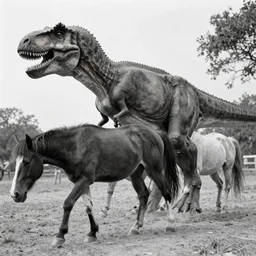 [ [ [ [ [ t rex ] ] ] ] ] and a horse with leg, walk, soft, black and white, photograph, 1 8 5 0 s