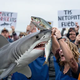 talking shark protest against fish