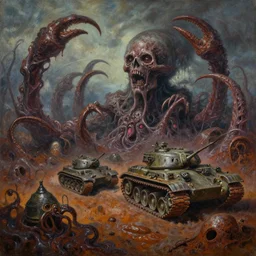 oil painting nightmare mollusk army tanks clawed landscape fecund afraid of tank treads hooped around rustscape in primoridal slimes by boris vallejo, terror by francesco blanc 1 9 7 4, richard m powers landscape, horror by enric torres, by jack gaughan