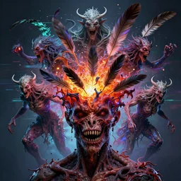 human, head exploding, hybrids, mythical monsters, melting horror, feathers, fighting the horrors of the unknown philosophy, gods, glitch, acid, dmt, lsd, high resolution, very detailed, colorful, greg rutkowski