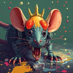 biomechanical king of rats with gelatin brains, surrounded by poisonous micro water, pixiv fanbox, dramatic lighting, maximalist pastel color palette, splatter paint, pixar and disney concept, graphic novel by fiona staples and dustin nguyen, peter elson alan bean wangechi mutu, clean cel shaded vector art, on artstation
