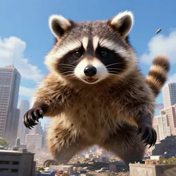 1 9 8 0's vintage kaiju movie, a giant massive huge raccoon destroying a city