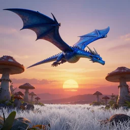Blue dragon flying over a sunset on an alien world, with a mushroom forest and white grass. Style of No Man's Sky. Fantasy concept art. High detail. 4K. Realistic. Colorful and beautiful.