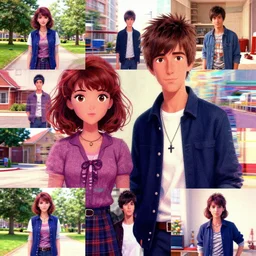 future funk version of ramona flowers and scott pilgrim, distortion, time warp, varying angles, varying locations, grid, outdoors and indoors
